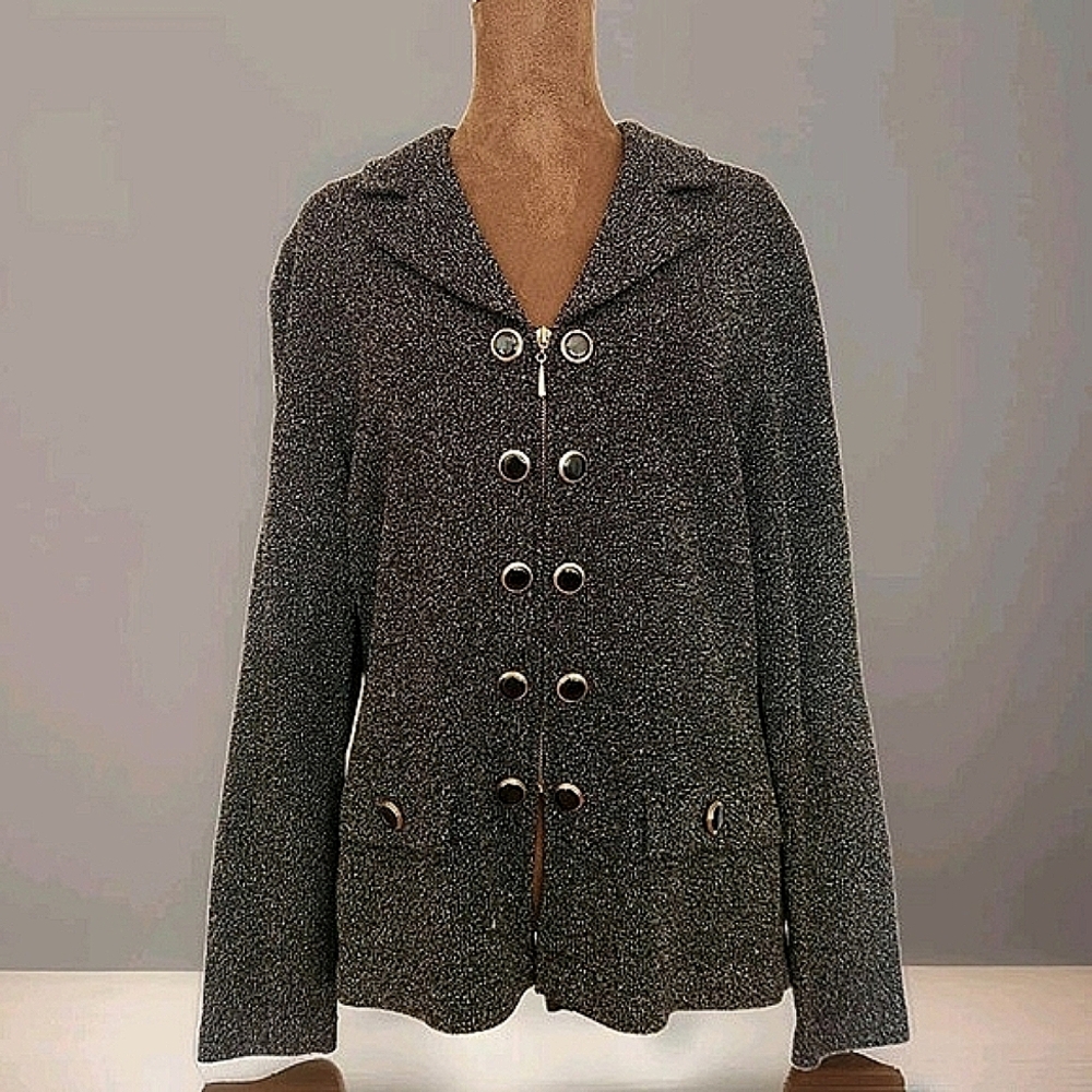 J.S.S Knit Jacket Women's Size M Gray Zip Wool Blend‎ Button Accent Vintage USA